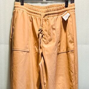 BCBG Generation Faux Leather Jogger Pants Tan Elastic Waist Women’s Size L